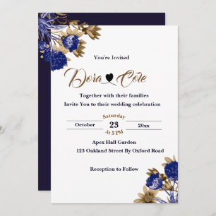 Elegant Floral Blue & Brown Watercolor Wedding Invitation