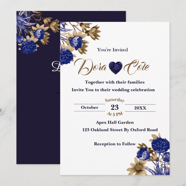 Elegant Floral Blue & Brown Watercolor Wedding Invitation (Front/Back)