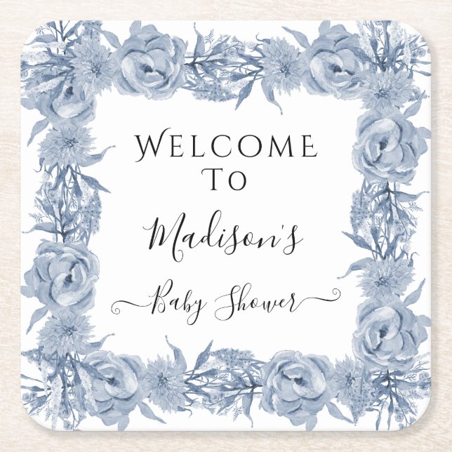 Elegant Floral Blue Chinoiserie Baby Girl Shower Square Paper Coaster (Front)