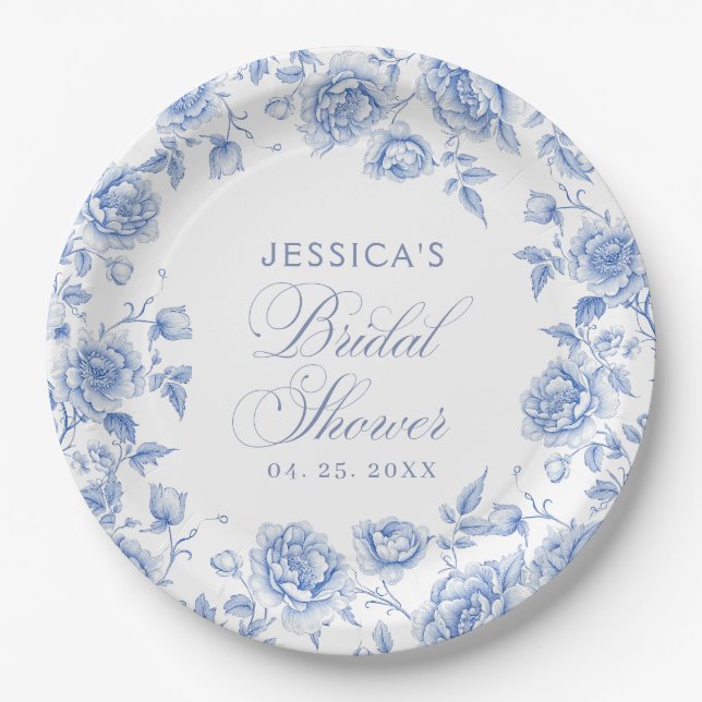 Elegant Floral Blue Chinoiserie Bridal Shower Paper Plate (Front)