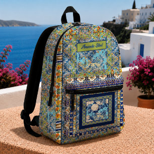 Elegant floral blue chinoiserie tile monogram printed backpack