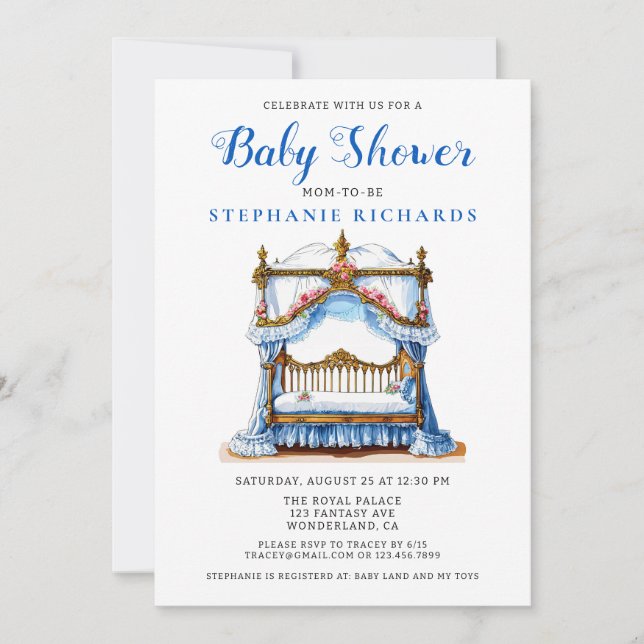 Elegant Floral Blue Crib Baby Shower Invitation (Front)