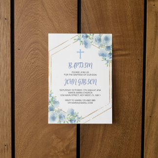 Elegant Floral Blue Cross Baptism Boy Invitation 