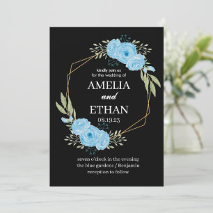 Elegant Floral Blue Flowers black Wedding Invitation
