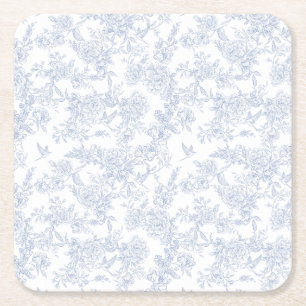 Elegant Floral Blue French Toile  Square Paper Coaster