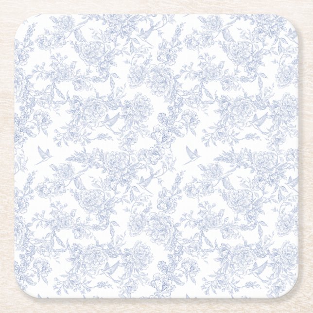 Elegant Floral Blue French Toile  Square Paper Coaster (Front)