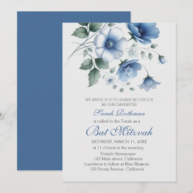 Elegant Floral Blue Girl Bat Mitzvah Invitation (Front/Back)