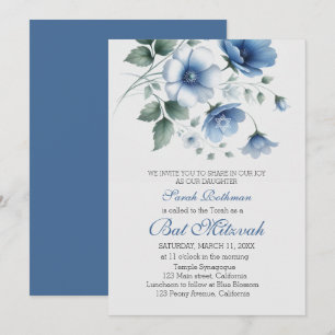 Elegant Floral Blue Girl Bat Mitzvah Invitation