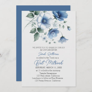 Elegant Floral Blue Girl Bat Mitzvah Invitation