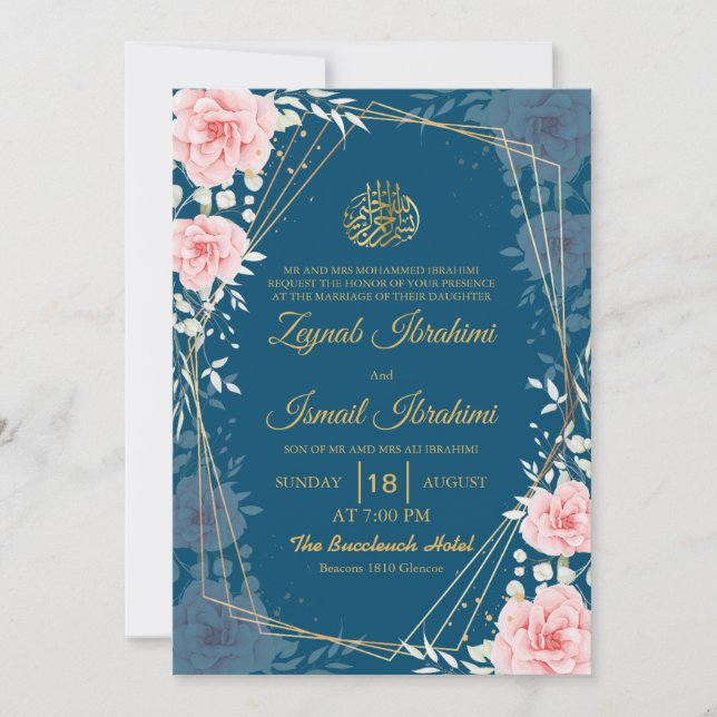 Elegant Floral Blue Gold Islamic Muslim Wedding Invitation (Front)
