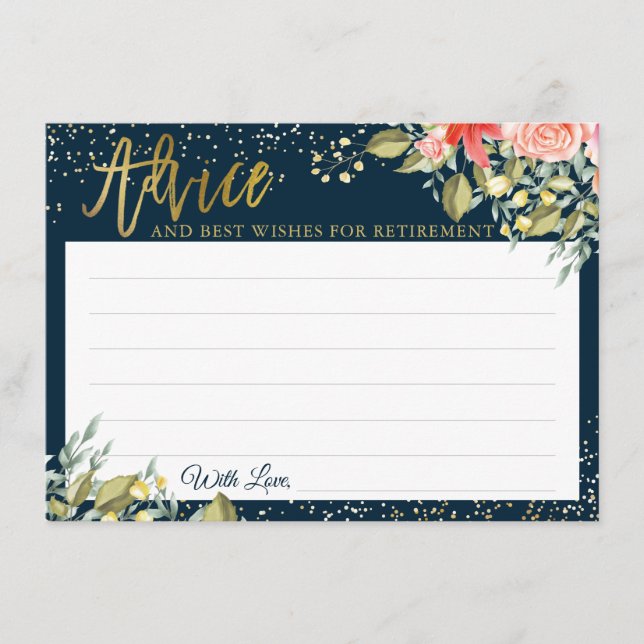 Elegant Floral Blue Gold Retirement Flat Advice Card (Front)