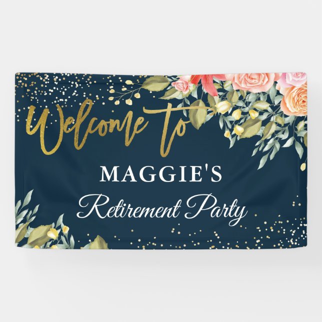 Elegant Floral Blue Gold Retirement Party Banner (Horizontal)