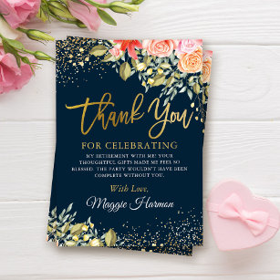 Elegant Floral Blue Gold Surprise Retirement Party Thank You Card