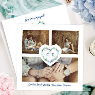 Elegant Floral Blue Heart 3 Photos Engagement Save The Date