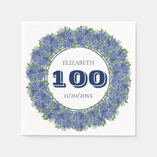 Elegant Floral Blue Hydrangea 100th Birthday Party Napkin (Front)
