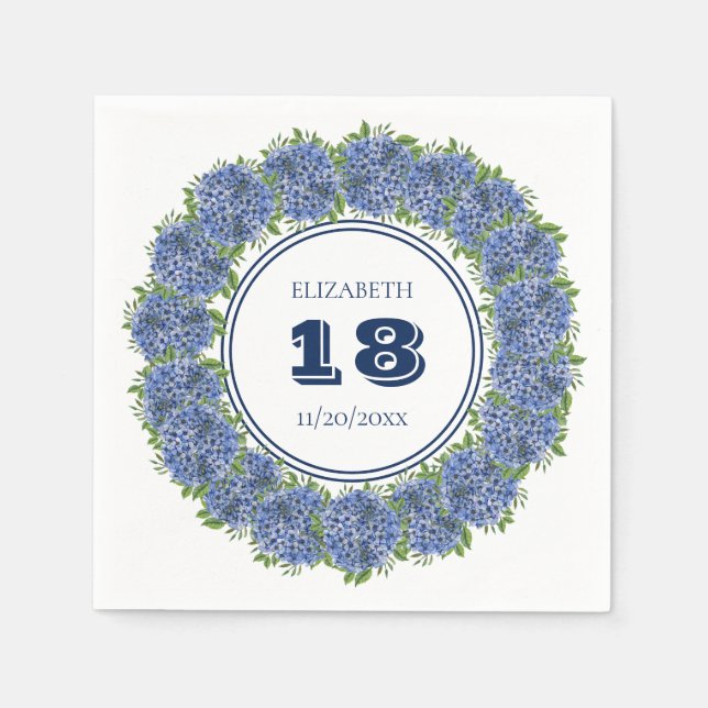 Elegant Floral Blue Hydrangea 18th Birthday Party Napkin (Front)
