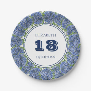 Elegant Floral Blue Hydrangea 18th Birthday Party Paper Plate