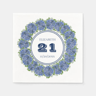Elegant Floral Blue Hydrangea 21st Birthday Party Napkin