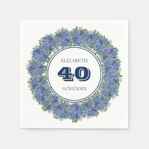 Elegant Floral Blue Hydrangea 40th Birthday Party Napkin