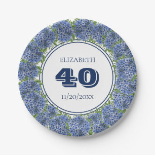 Elegant Floral Blue Hydrangea 40th Birthday Party Paper Plate