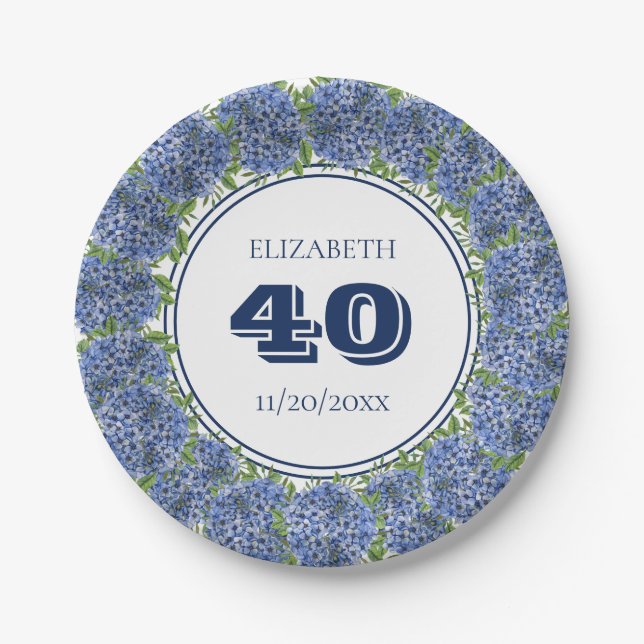 Elegant Floral Blue Hydrangea 40th Birthday Party Paper Plate (Front)