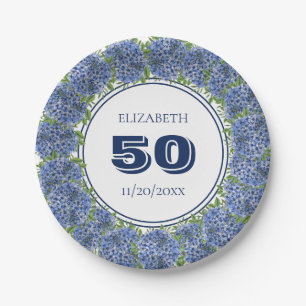 Elegant  Floral Blue Hydrangea 50th Birthday Party Paper Plate