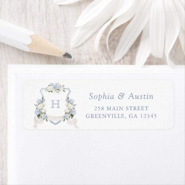 Elegant Floral Blue Hydrangea Crest Return Address (Insitu)