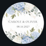 Elegant Floral Blue Hydrangea Greenery Wedding Classic Round Sticker<br><div class="desc">Elegant Floral Blue Hydrangea Greenery Wedding Sticker Label. Floral White & Blue Hydrangea Wedding Sticker</div>