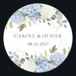 Elegant Floral Blue Hydrangea Greenery Wedding Classic Round Sticker<br><div class="desc">Elegant Floral Blue Hydrangea Greenery Wedding Sticker Label. Floral White & Blue Hydrangea Wedding Sticker</div>