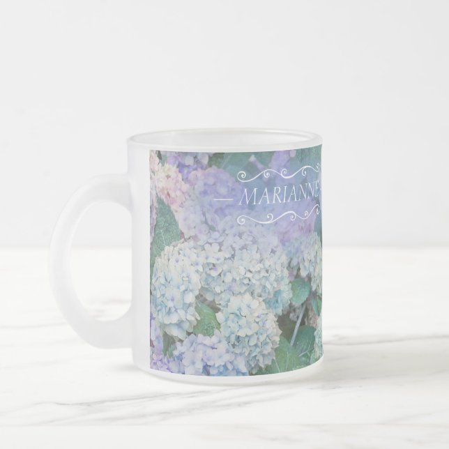 Elegant Floral Blue Hydrangea Monogram Name Frosted Glass Coffee Mug (Left)