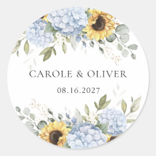 Elegant Floral Blue Hydrangea Sunflowers Wedding Classic Round Sticker