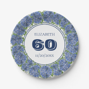 Elegant Floral Blue Hydrangeas 60th Birthday Party Paper Plate