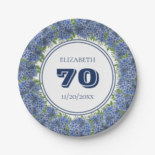 Elegant Floral Blue Hydrangeas 70th Birthday Party Paper Plate
