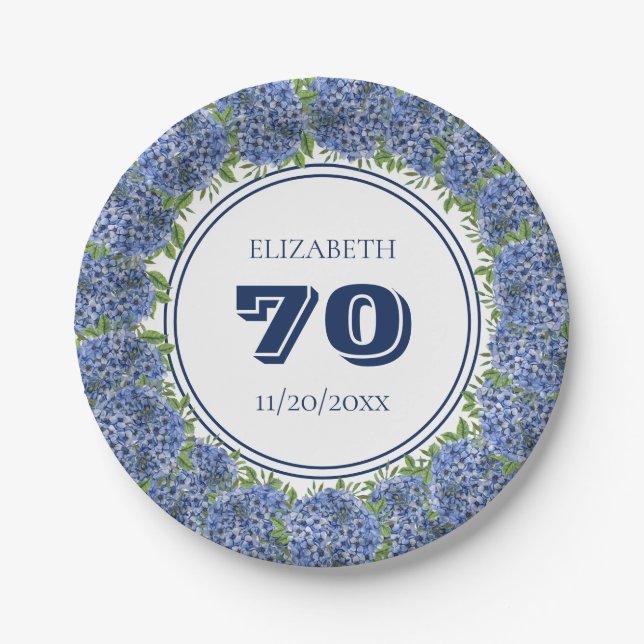Elegant Floral Blue Hydrangeas 70th Birthday Party Paper Plate (Front)