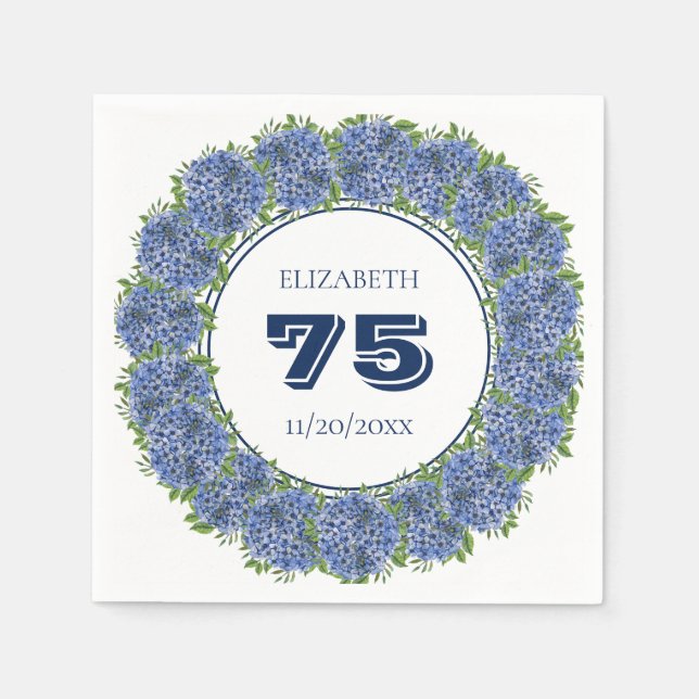 Elegant Floral Blue Hydrangeas 75th Birthday Party Napkin (Front)
