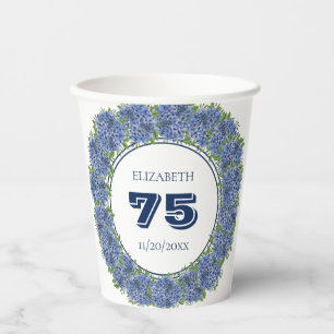 Elegant Floral Blue Hydrangeas 75th Birthday Party Paper Cups