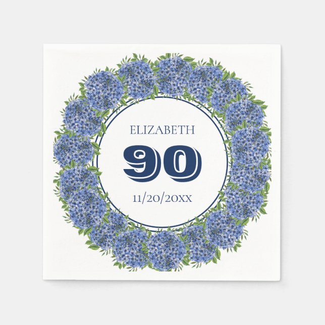 Elegant Floral Blue Hydrangeas 90th Birthday Party Napkin (Front)