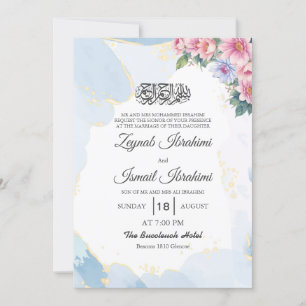 Elegant Floral Blue Islamic Muslim Wedding Invitation