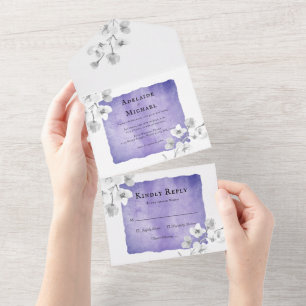 Elegant Floral Blue Lavender Watercolor Wedding All In One Invitation