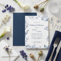 Elegant Floral Blue Lineart Rehearsal Dinner