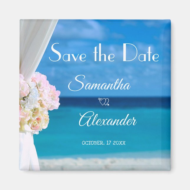 Elegant Floral Blue Ocean Beach Save the Date Magnet (Front)