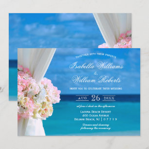 Elegant Floral Blue Ocean Beach Summer Wedding Invitation