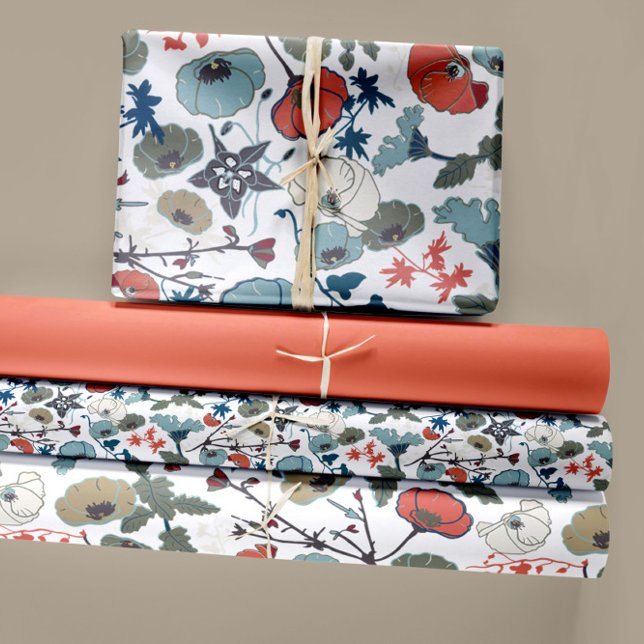Elegant Floral Blue Orange Green Flowers Wrapping Paper Sheet (Elegant Floral Colorful Blue Orange Green trio Wrapping Paper Sheets from Studio Posies.)