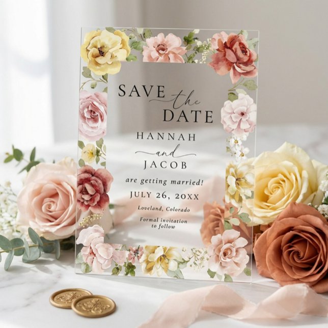 Elegant Floral Blue Pink and Yellow Photo Wedding Acrylic Invitations (Creator Uploaded)