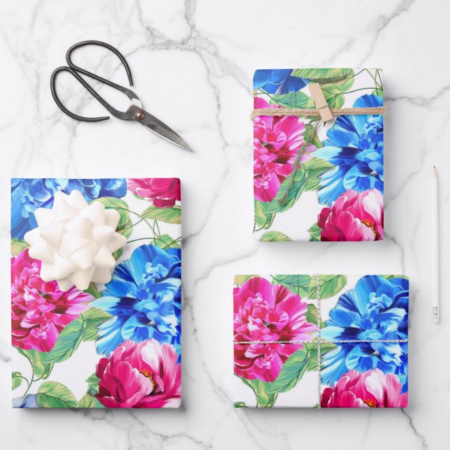 Elegant Floral Blue & Pink Hydrangea Pattern  Wrapping Paper Sheet (Front)