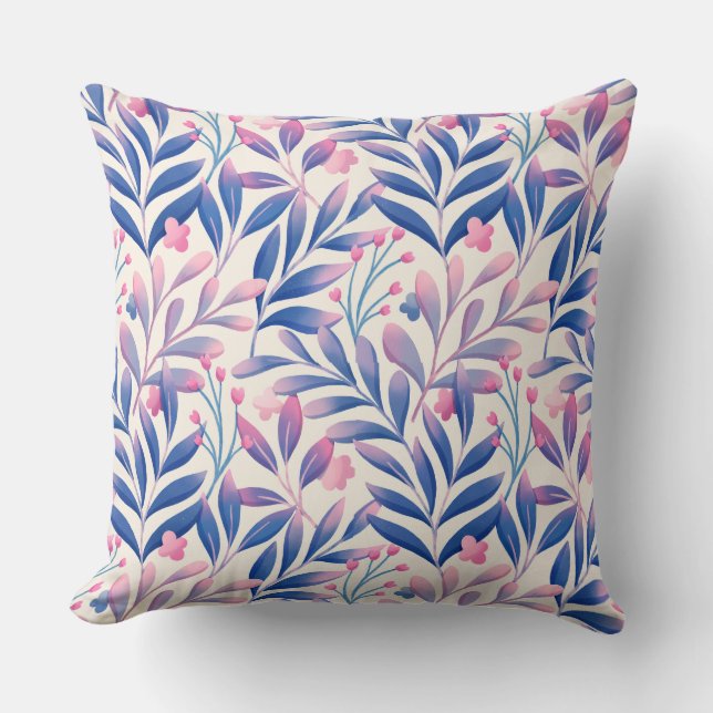 Elegant Floral Blue Pink Leaf Pattern Cushion (Front)