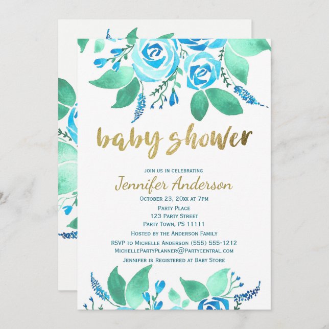 Elegant Floral Blue Rose Watercolor Baby Shower Invitation (Front/Back)