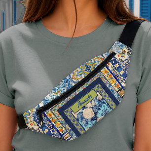Elegant floral blue tile chinoiserie monogram bum bags