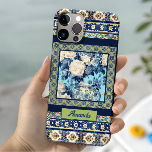 Elegant floral blue tile chinoiserie monogram iPhone 15 case