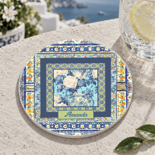 Elegant floral blue tile chinoiserie monogram coaster